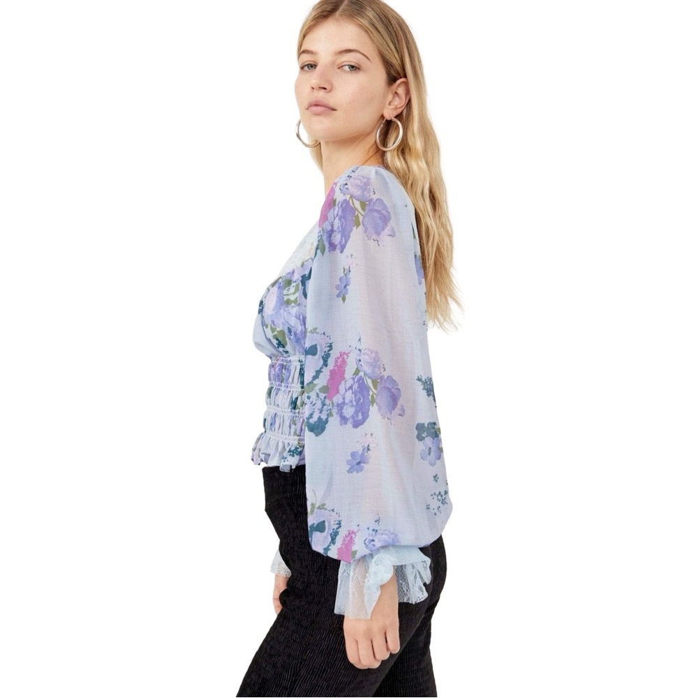 Free People Daphne Floral Lace Blouse Blue Combo NWT Small - Picture 10 of 13